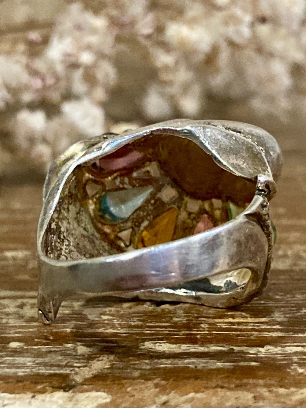 Rainbow Teardrop Gemstone Statement Ring Tree Bark Texture Silver Tone Size 8 - Picture 6 of 13